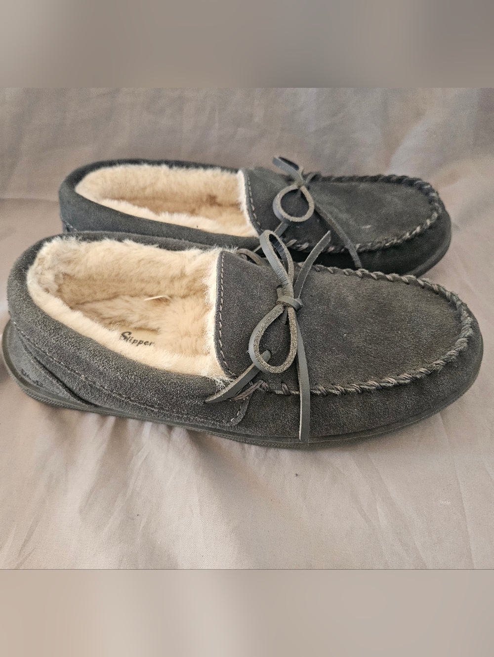 Men's Gray Suede Moccasin Slippers with Shearling Lining